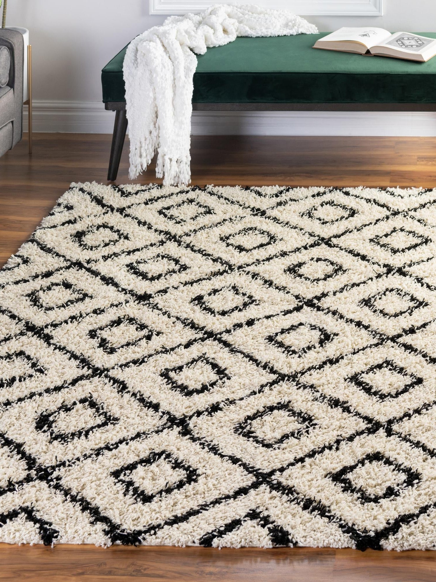 White and Black 4' x 6' Trellis Shag Rectangle Area Rug Thick Soft Touch Fluffy & Plush Shaggy Pile Geometric Modern Unique Carpet for Home Interior Design for Sale at Rug Engine