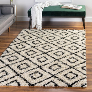 White and Black 4' x 6' Trellis Shag Rectangle Area Rug Thick Soft Touch Fluffy & Plush Shaggy Pile