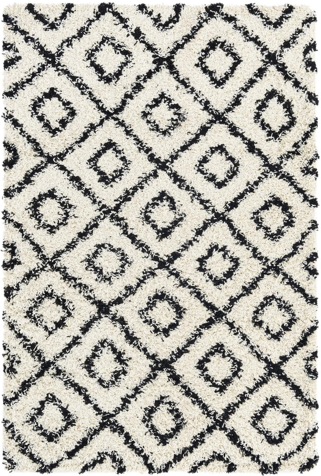 White and Black 4' x 6' Trellis Shag Rectangle Area Rug Thick Soft Touch Fluffy & Plush Shaggy Pile