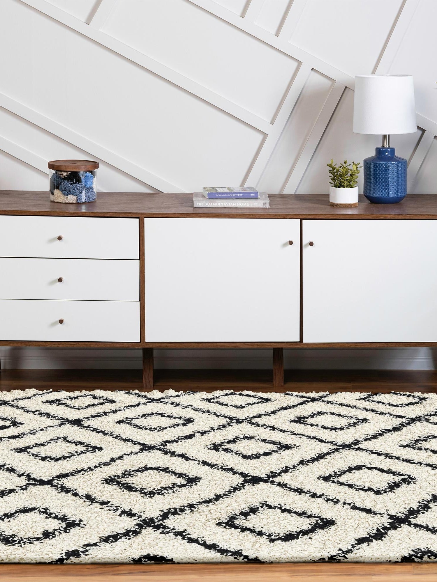 White and Black 5' 3 x 8' Trellis Shag Oval Area Rug Thick Soft Touch Fluffy & Plush Shaggy Pile Geometric Modern Unique Carpet for Home Interior Design for Sale at Rug Engine