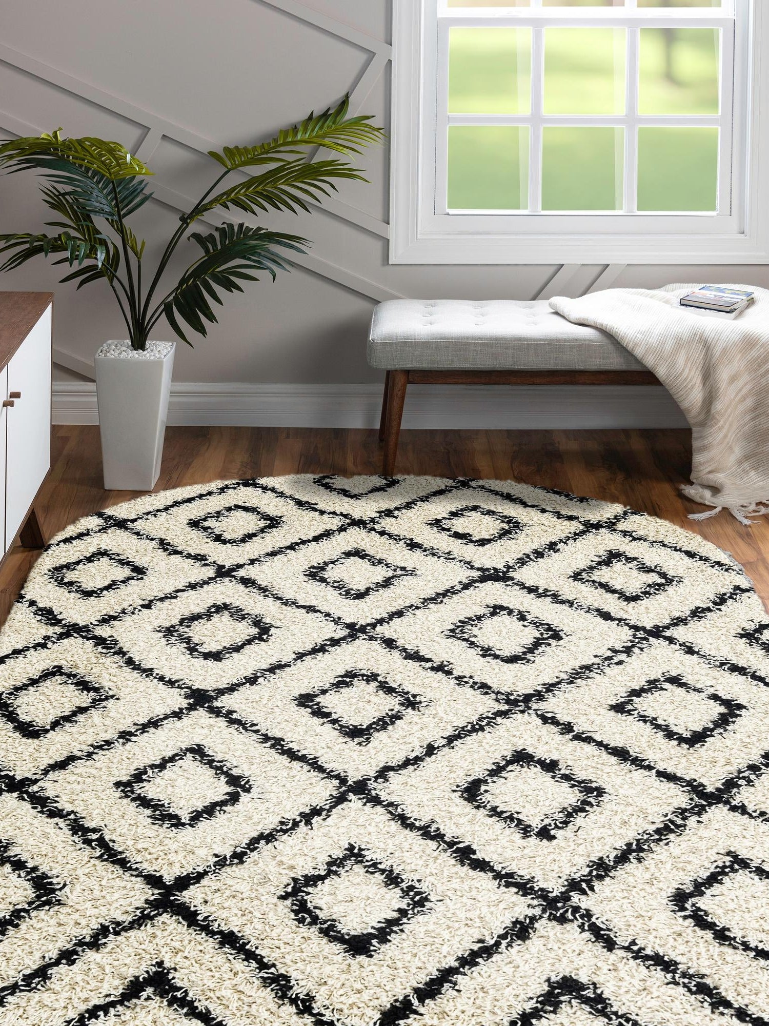 White and Black 5' 3 x 8' Trellis Shag Oval Area Rug Thick Soft Touch Fluffy & Plush Shaggy Pile Geometric Modern Unique Carpet for Home Interior Design for Sale at Rug Engine
