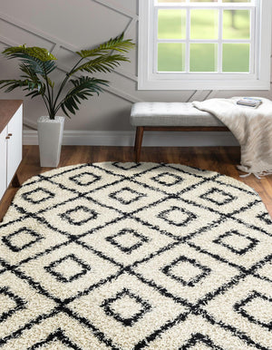 White and Black 5' 3 x 8' Trellis Shag Oval Area Rug Thick Soft Touch Fluffy & Plush Shaggy Pile
