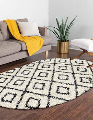White and Black 5' 3 x 8' Trellis Shag Oval Area Rug Thick Soft Touch Fluffy & Plush Shaggy Pile