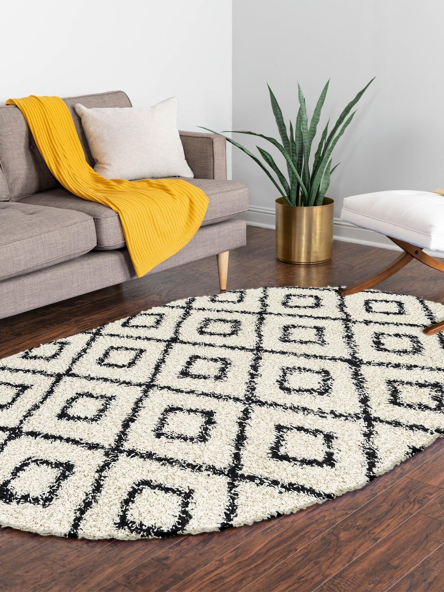 White and Black 7' 10 x 10' Trellis Shag Oval Area Rug Thick Soft Touch Fluffy & Plush Shaggy Pile Geometric Modern Unique Carpet for Home Interior Design for Sale at Rug Engine