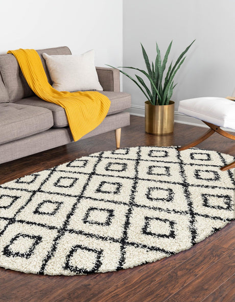 White and Black 7' 10 x 10' Trellis Shag Oval Area Rug Thick Soft Touch Fluffy & Plush Shaggy Pile Geometric Modern Unique Carpet for Home Interior Design for Sale at Rug Engine