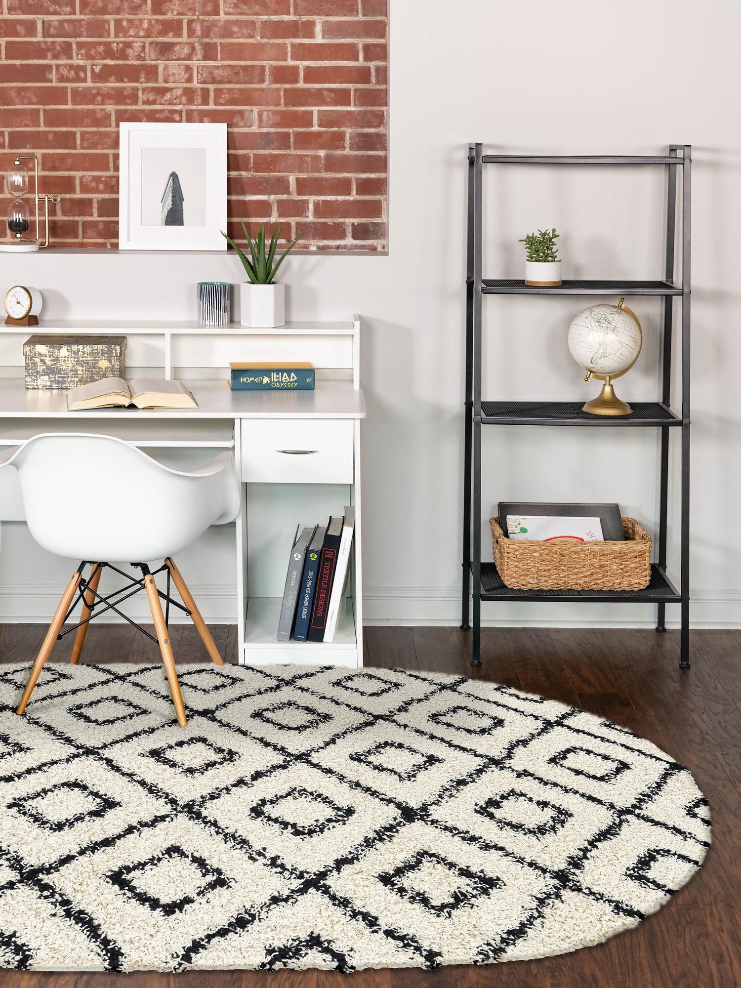 White and Black 5' 3 x 8' Trellis Shag Oval Area Rug Thick Soft Touch Fluffy & Plush Shaggy Pile Geometric Modern Unique Carpet for Home Interior Design for Sale at Rug Engine