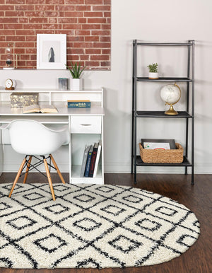 White and Black 5' 3 x 8' Trellis Shag Oval Area Rug Thick Soft Touch Fluffy & Plush Shaggy Pile