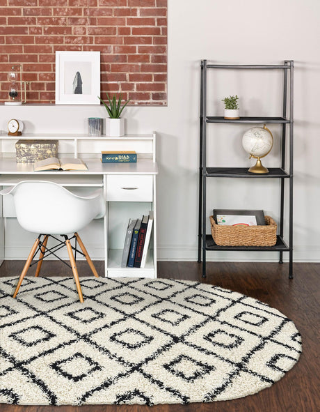 White and Black 5' 3 x 8' Trellis Shag Oval Area Rug Thick Soft Touch Fluffy & Plush Shaggy Pile Geometric Modern Unique Carpet for Home Interior Design for Sale at Rug Engine