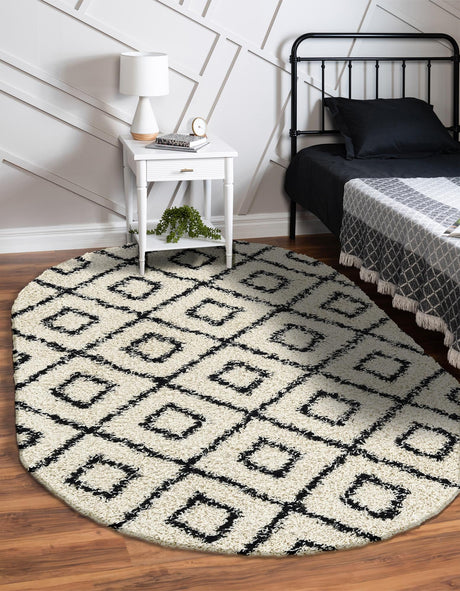 White and Black 4' x 6' Trellis Shag Oval Area Rug Thick Soft Touch Fluffy & Plush Shaggy Pile Geometric Modern Unique Carpet for Home Interior Design for Sale at Rug Engine