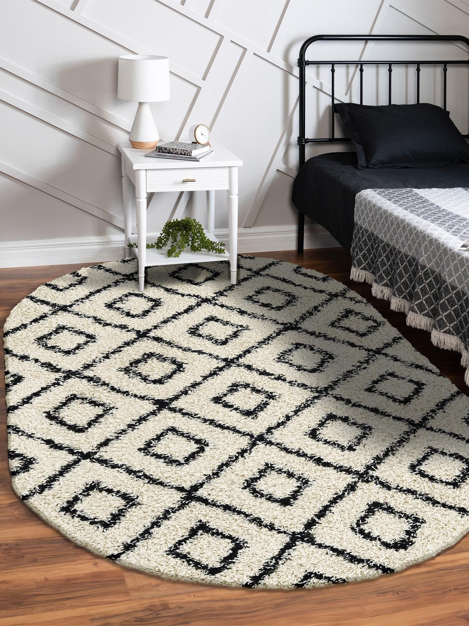 White and Black 7' 10 x 10' Trellis Shag Oval Area Rug Thick Soft Touch Fluffy & Plush Shaggy Pile Geometric Modern Unique Carpet for Home Interior Design for Sale at Rug Engine