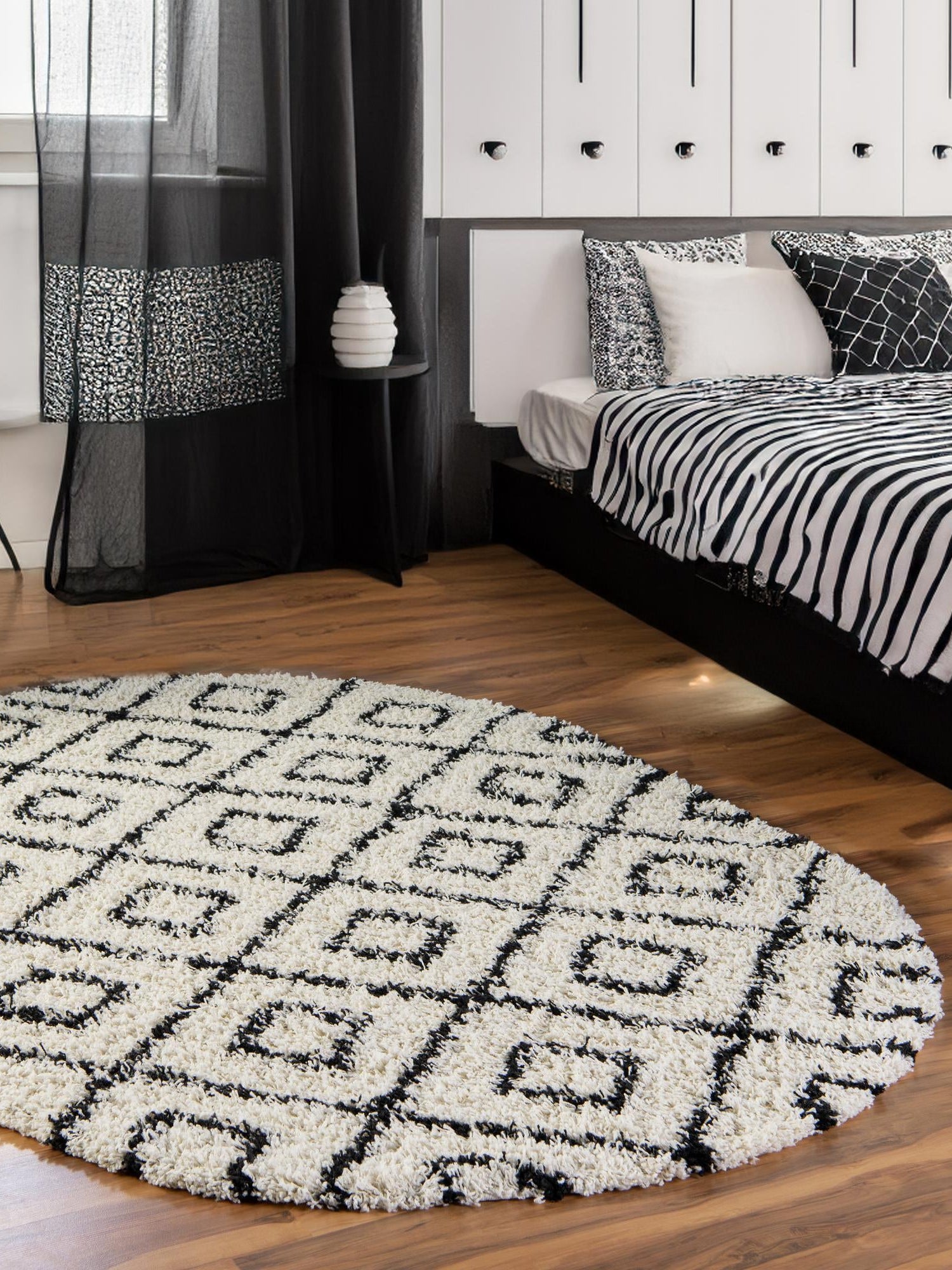 White and Black 7' 10 x 10' Trellis Shag Oval Area Rug Thick Soft Touch Fluffy & Plush Shaggy Pile Geometric Modern Unique Carpet for Home Interior Design for Sale at Rug Engine