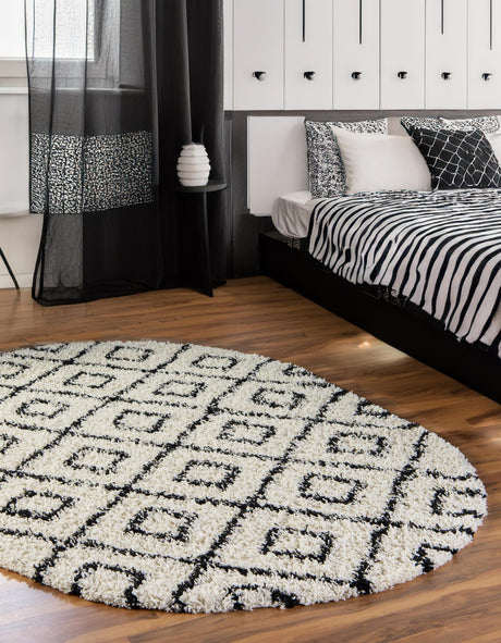 White and Black 7' 10 x 10' Trellis Shag Oval Area Rug Thick Soft Touch Fluffy & Plush Shaggy Pile Geometric Modern Unique Carpet for Home Interior Design for Sale at Rug Engine