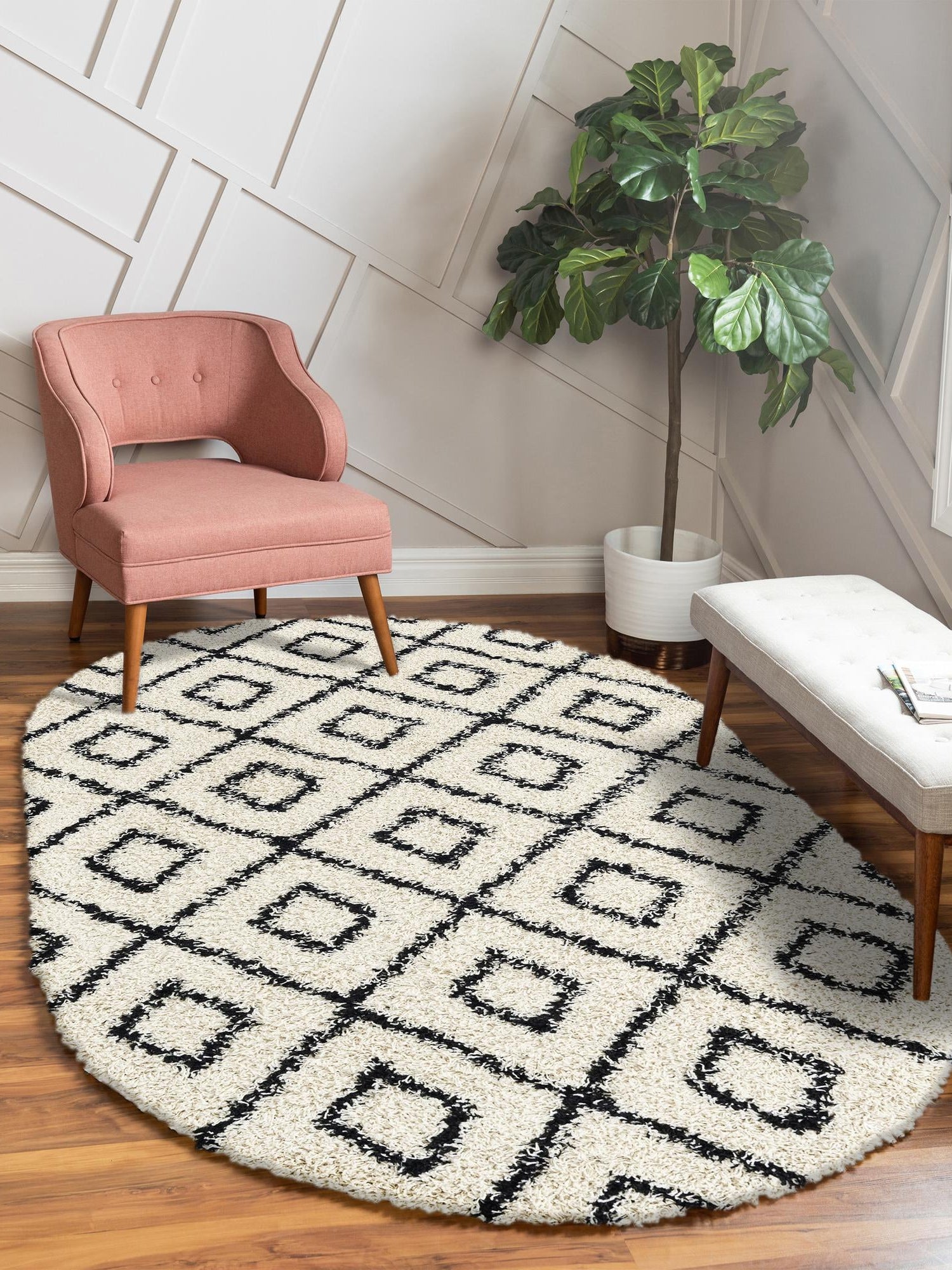 White and Black 7' 10 x 10' Trellis Shag Oval Area Rug Thick Soft Touch Fluffy & Plush Shaggy Pile Geometric Modern Unique Carpet for Home Interior Design for Sale at Rug Engine