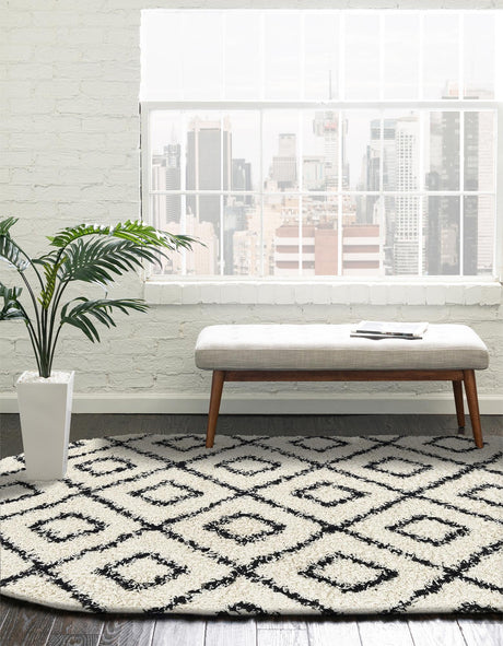 White and Black 4' x 6' Trellis Shag Oval Area Rug Thick Soft Touch Fluffy & Plush Shaggy Pile Geometric Modern Unique Carpet for Home Interior Design for Sale at Rug Engine