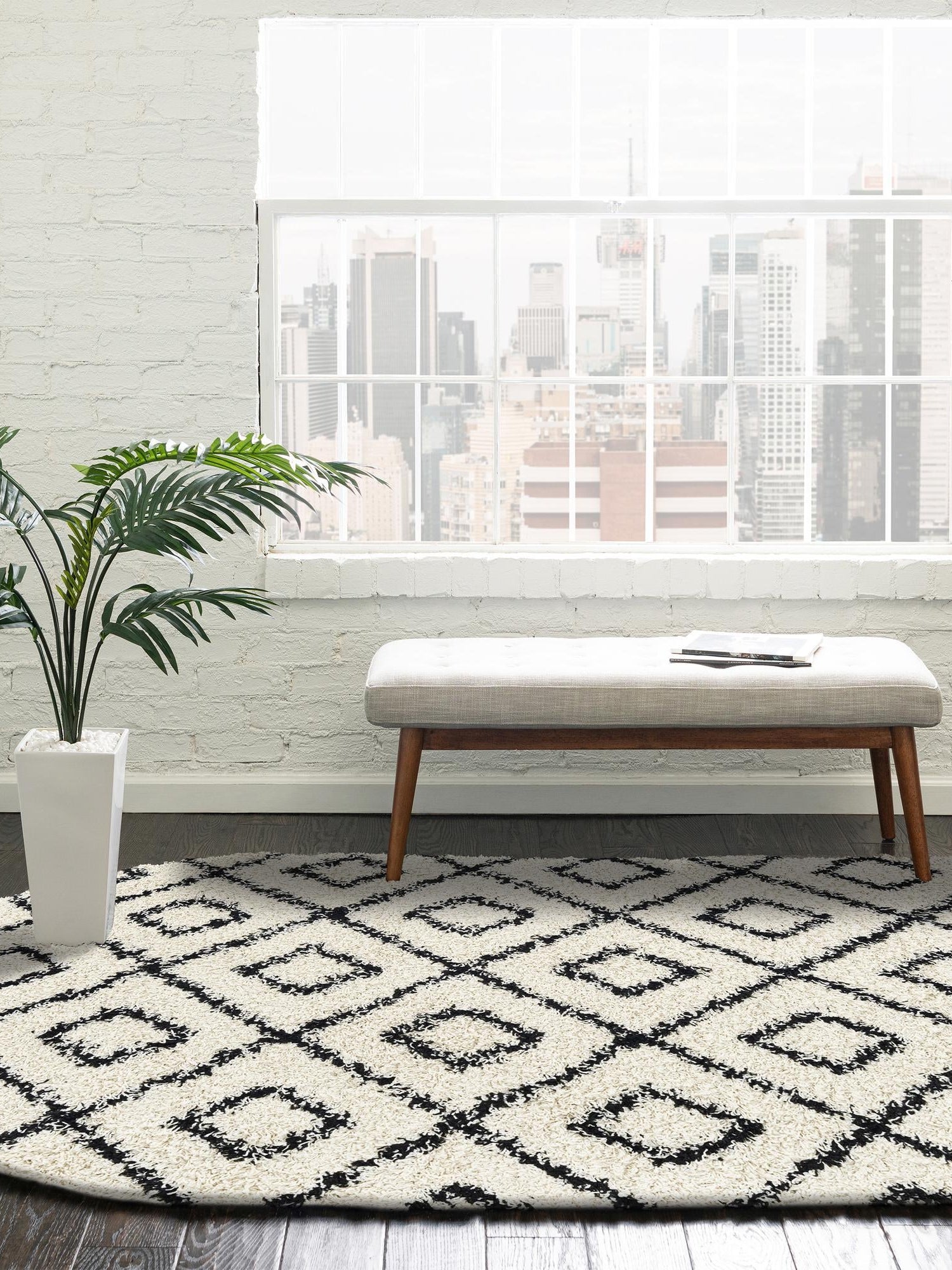 White and Black 7' 10 x 10' Trellis Shag Oval Area Rug Thick Soft Touch Fluffy & Plush Shaggy Pile Geometric Modern Unique Carpet for Home Interior Design for Sale at Rug Engine