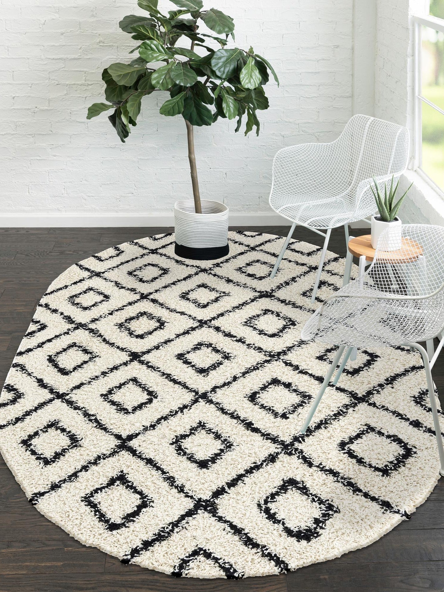 White and Black 7' 10 x 10' Trellis Shag Oval Area Rug Thick Soft Touch Fluffy & Plush Shaggy Pile Geometric Modern Unique Carpet for Home Interior Design for Sale at Rug Engine