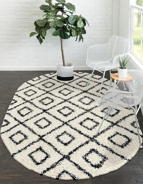 White and Black 7' 10 x 10' Trellis Shag Oval Area Rug Thick Soft Touch Fluffy & Plush Shaggy Pile Geometric Modern Unique Carpet for Home Interior Design for Sale at Rug Engine
