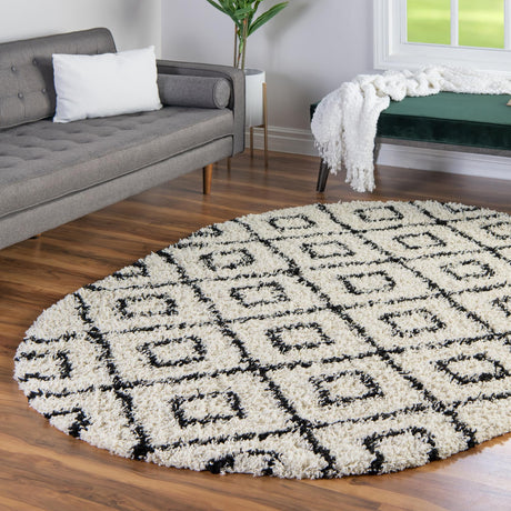 White and Black 4' x 6' Trellis Shag Oval Area Rug Thick Soft Touch Fluffy & Plush Shaggy Pile Geometric Modern Unique Carpet for Home Interior Design for Sale at Rug Engine