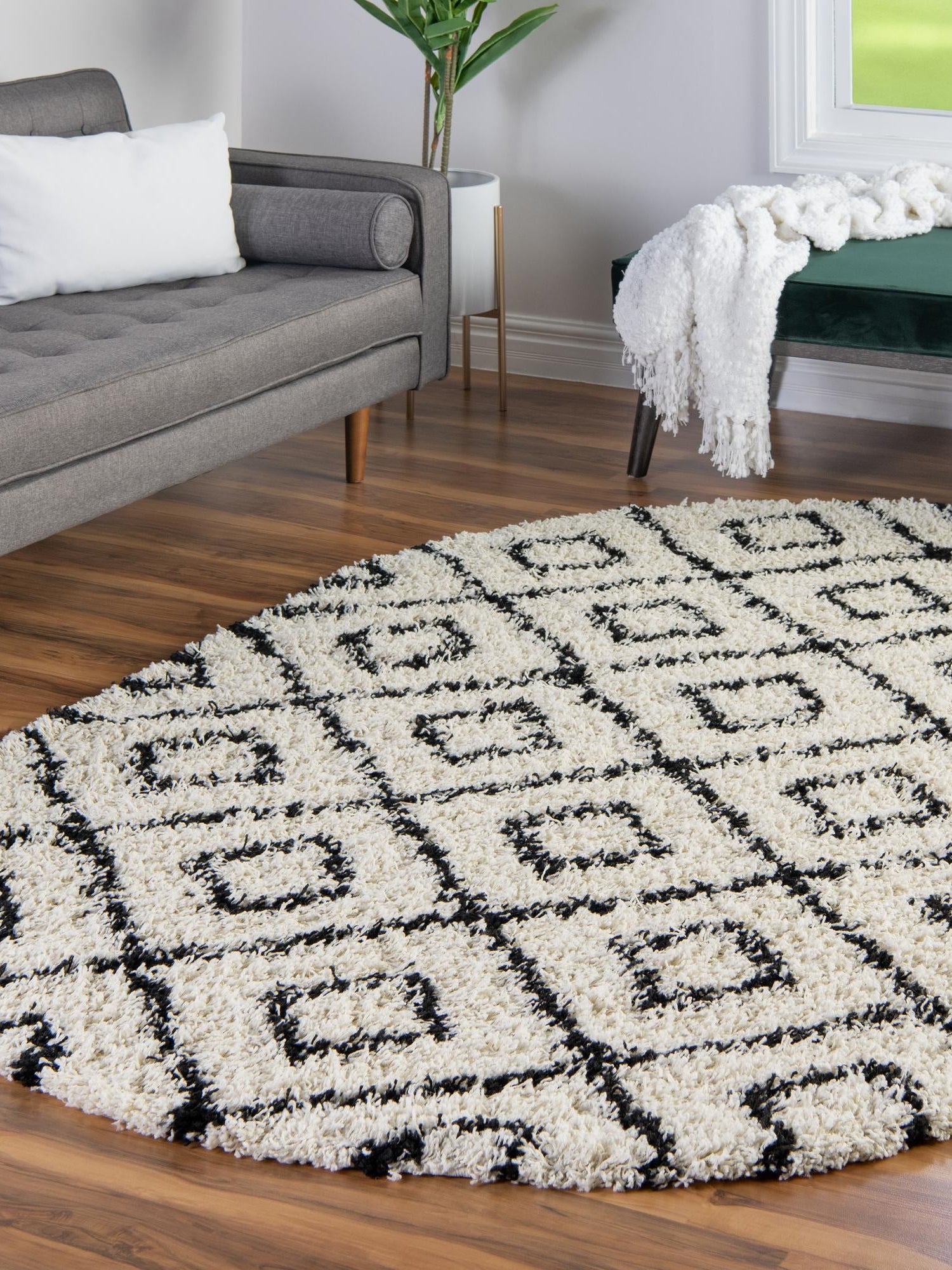 White and Black 7' 10 x 10' Trellis Shag Oval Area Rug Thick Soft Touch Fluffy & Plush Shaggy Pile Geometric Modern Unique Carpet for Home Interior Design for Sale at Rug Engine