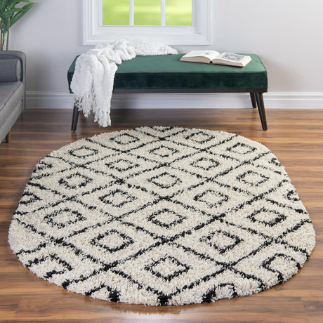 White and Black 4' x 6' Trellis Shag Oval Area Rug Thick Soft Touch Fluffy & Plush Shaggy Pile Geometric Modern Unique Carpet for Home Interior Design for Sale at Rug Engine