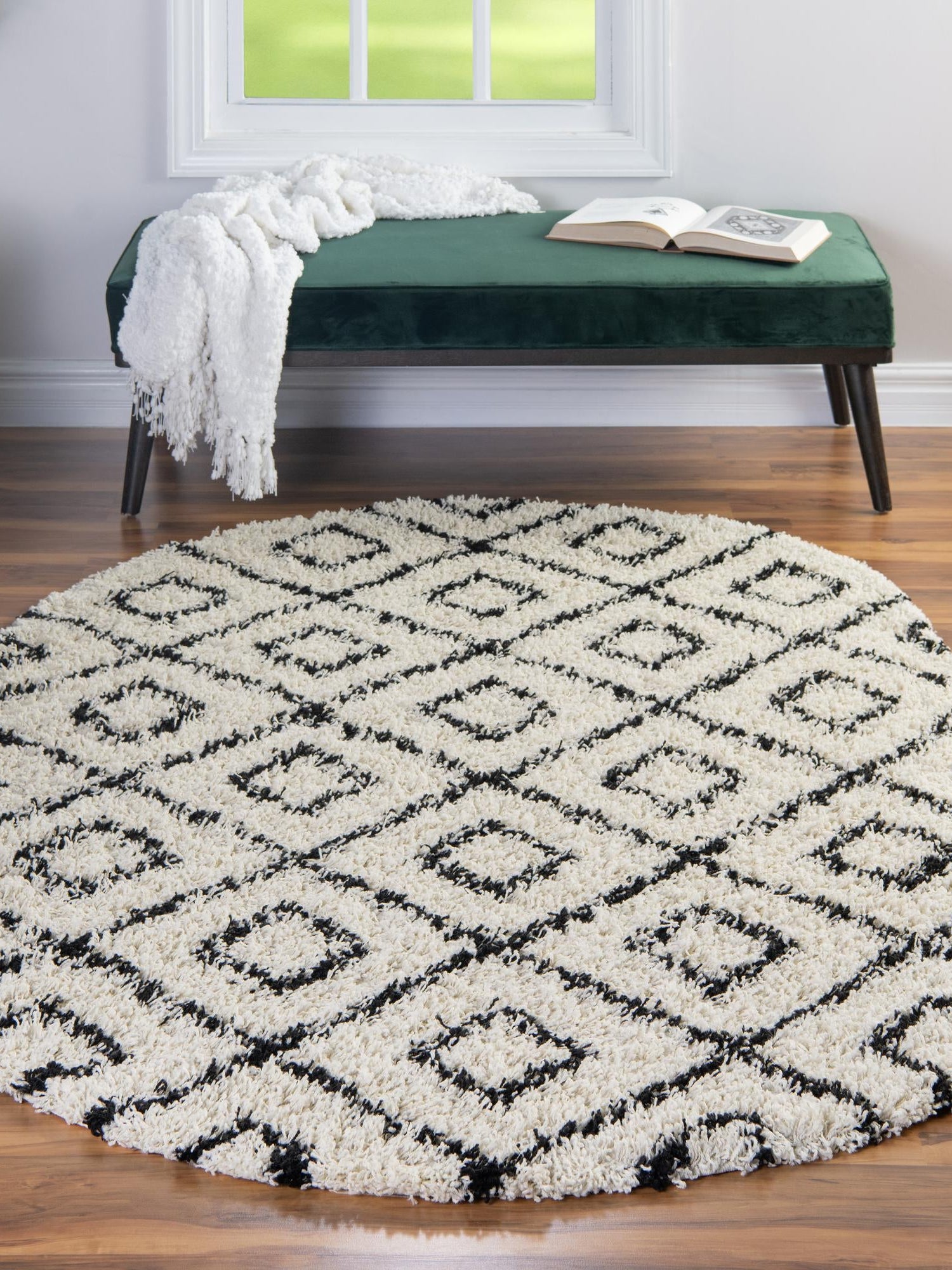 White and Black 7' 10 x 10' Trellis Shag Oval Area Rug Thick Soft Touch Fluffy & Plush Shaggy Pile Geometric Modern Unique Carpet for Home Interior Design for Sale at Rug Engine