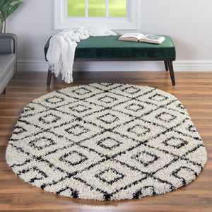 White and Black 7' 10 x 10' Trellis Shag Oval Area Rug Thick Soft Touch Fluffy & Plush Shaggy Pile