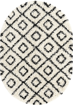 White and Black 4' x 6' Trellis Shag Oval Area Rug Thick Soft Touch Fluffy & Plush Shaggy Pile