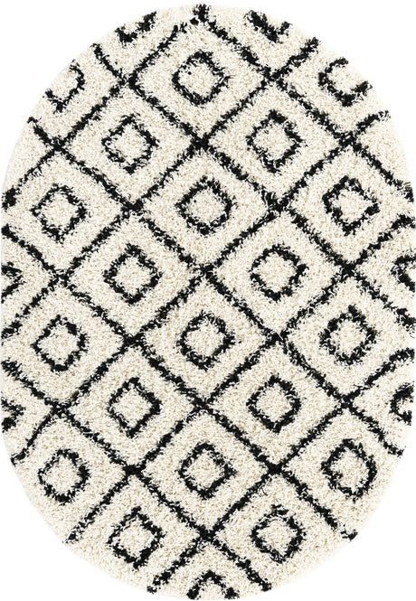 White and Black 4' x 6' Trellis Shag Oval Area Rug Thick Soft Touch Fluffy & Plush Shaggy Pile Geometric Modern Unique Carpet for Home Interior Design for Sale at Rug Engine