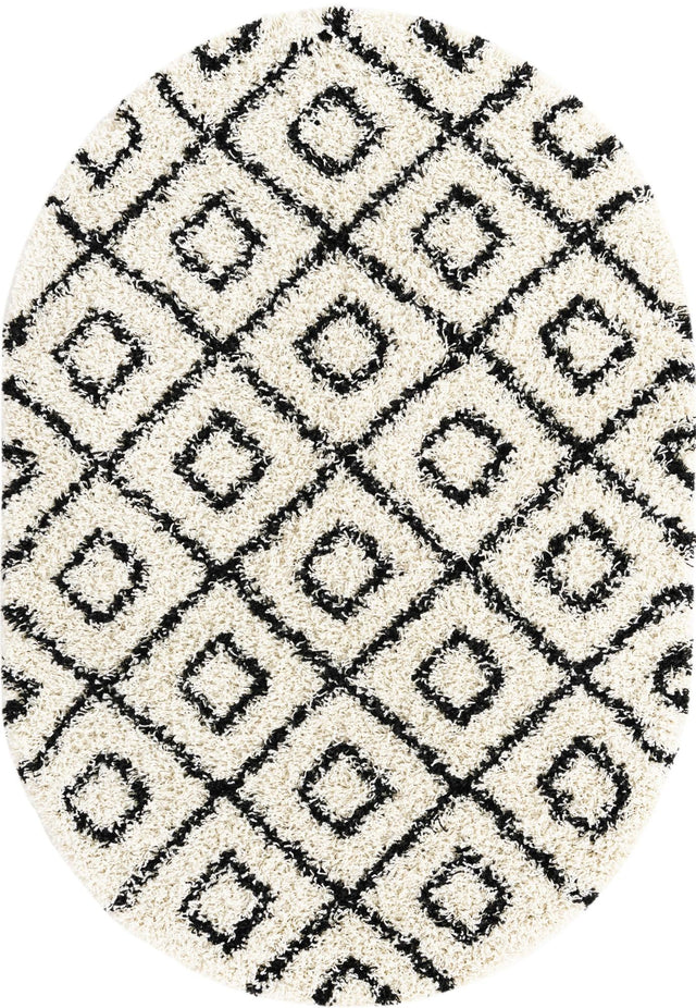 White and Black 4' x 6' Trellis Shag Oval Area Rug Thick Soft Touch Fluffy & Plush Shaggy Pile