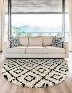 White and Black 6' x 6' Trellis Shag Round Area Rug Thick Soft Touch Fluffy & Plush Shaggy Pile