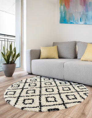White and Black 6' x 6' Trellis Shag Round Area Rug Thick Soft Touch Fluffy & Plush Shaggy Pile