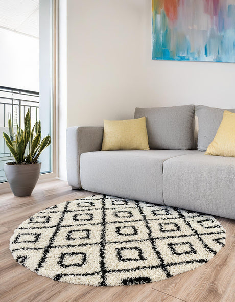 White and Black 6' x 6' Trellis Shag Round Area Rug Thick Soft Touch Fluffy & Plush Shaggy Pile