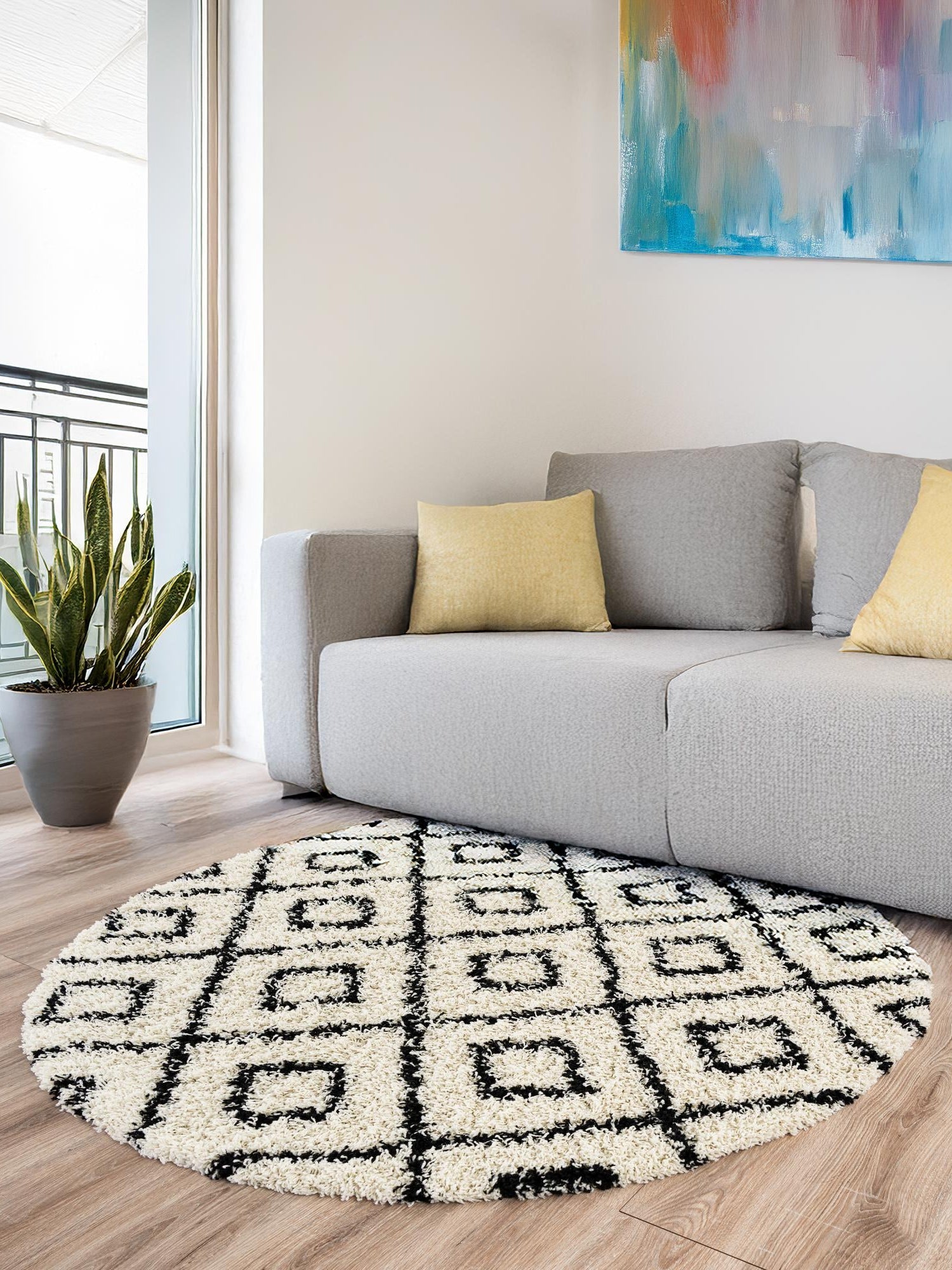 White and Black 7' 10 x 7' 10 Trellis Shag Round Area Rug Thick Soft Touch Fluffy & Plush Shaggy Pile Geometric Modern Unique Carpet for Home Interior Design for Sale at Rug Engine