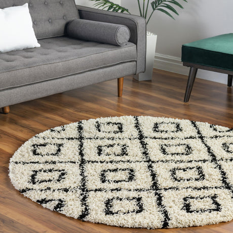 White and Black 7' 10 x 7' 10 Trellis Shag Round Area Rug Thick Soft Touch Fluffy & Plush Shaggy Pile Geometric Modern Unique Carpet for Home Interior Design for Sale at Rug Engine
