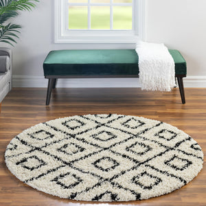 White and Black 3' 3 x 3' 3 Trellis Shag Round Area Rug Thick Soft Touch Fluffy & Plush Shaggy Pile