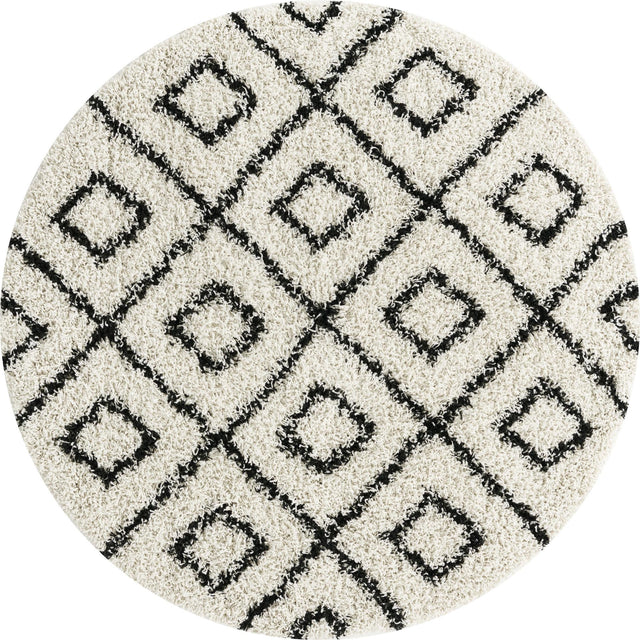 White and Black 5' 3 x 5' 3 Trellis Shag Round Area Rug Thick Soft Touch Fluffy & Plush Shaggy Pile