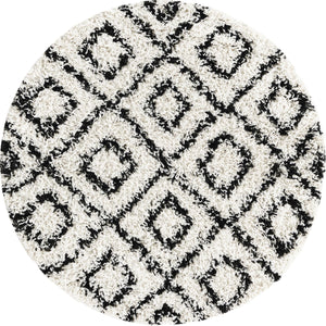 White and Black 3' 3 x 3' 3 Trellis Shag Round Area Rug Thick Soft Touch Fluffy & Plush Shaggy Pile