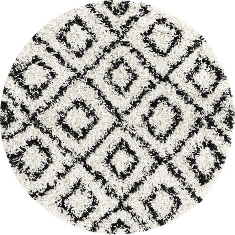 White and Black 3' 3 x 3' 3 Trellis Shag Round Area Rug Thick Soft Touch Fluffy & Plush Shaggy Pile Geometric Modern Unique Carpet for Home Interior Design for Sale at Rug Engine