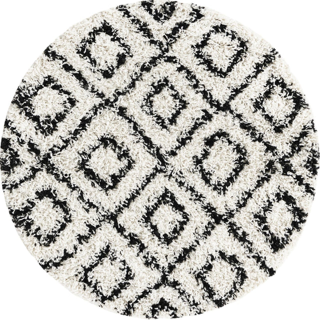 White and Black 3' 3 x 3' 3 Trellis Shag Round Area Rug Thick Soft Touch Fluffy & Plush Shaggy Pile