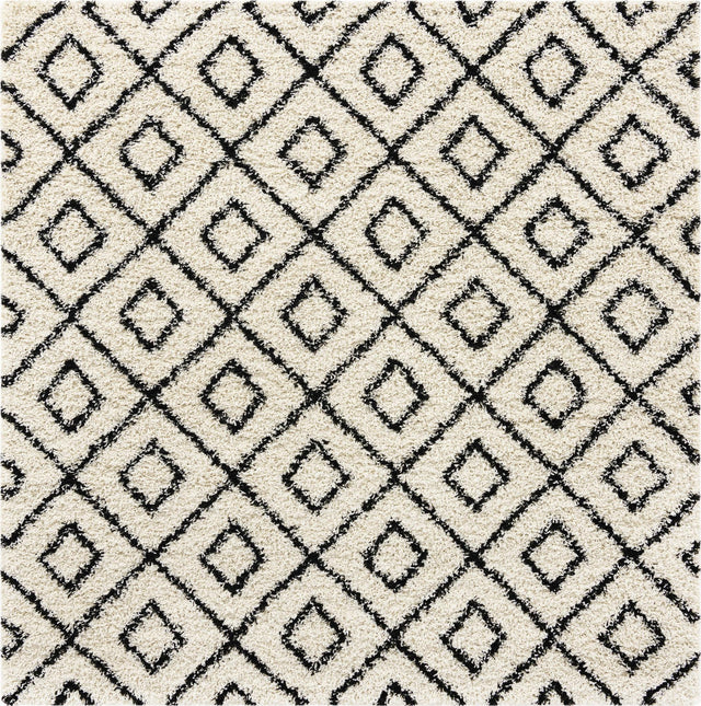 White and Black 8' x 8' Trellis Shag Square Area Rug Thick Soft Touch Fluffy & Plush Shaggy Pile
