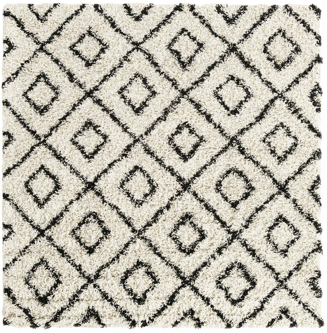 White and Black 6' x 6' Trellis Shag Square Area Rug Thick Soft Touch Fluffy & Plush Shaggy Pile