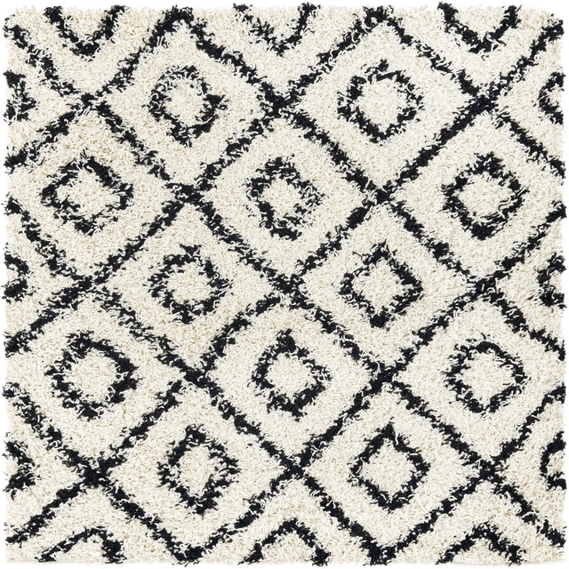 White and Black 4' x 4' Trellis Shag Square Area Rug Thick Soft Touch Fluffy & Plush Shaggy Pile