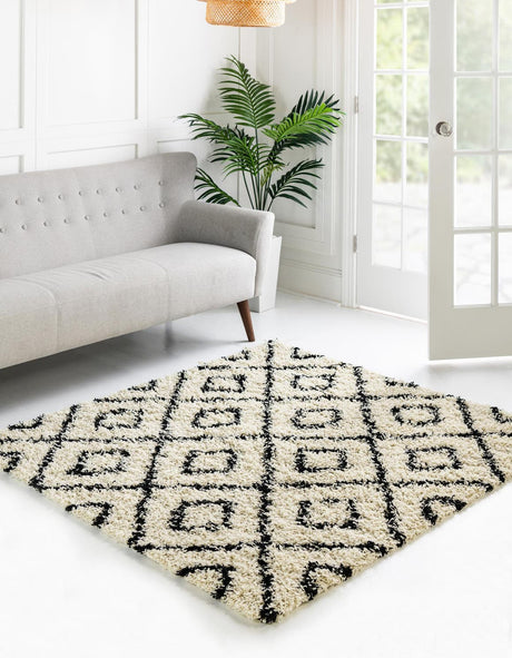 White and Black 5' 3 x 5' 3 Trellis Shag Square Area Rug Thick Soft Touch Fluffy & Plush Shaggy Pile