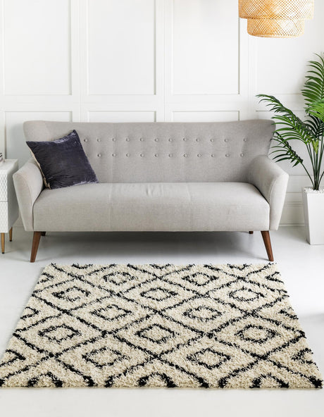 White and Black 3' 3 x 3' 3 Trellis Shag Square Area Rug Thick Soft Touch Fluffy & Plush Shaggy Pile