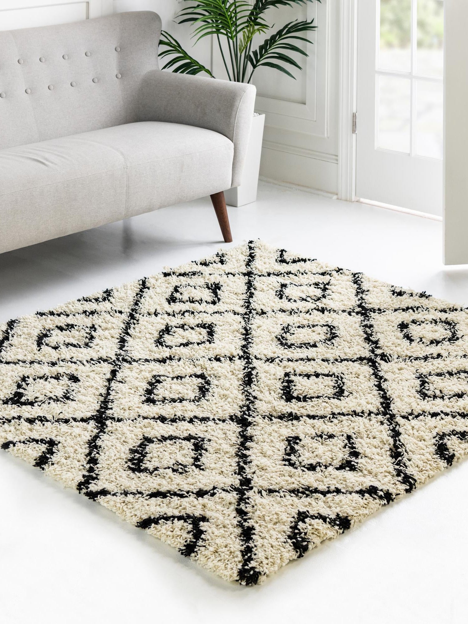 White and Black 3' 3 x 3' 3 Trellis Shag Square Area Rug Thick Soft Touch Fluffy & Plush Shaggy Pile Geometric Modern Unique Carpet for Home Interior Design for Sale at Rug Engine