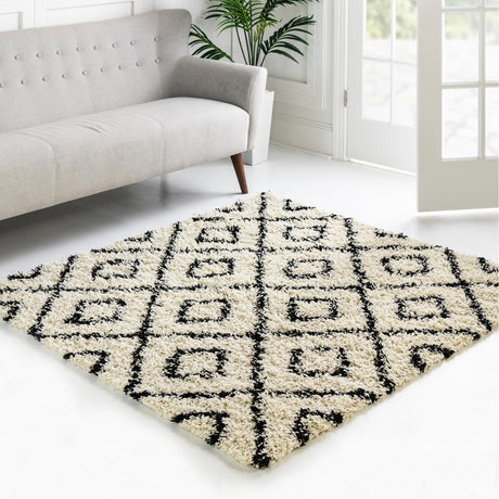 White and Black 3' 3 x 3' 3 Trellis Shag Square Area Rug Thick Soft Touch Fluffy & Plush Shaggy Pile Geometric Modern Unique Carpet for Home Interior Design for Sale at Rug Engine