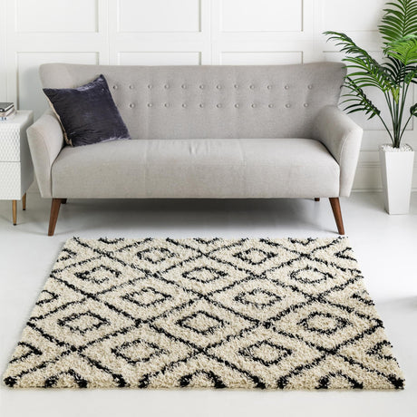 White and Black 3' 3 x 3' 3 Trellis Shag Square Area Rug Thick Soft Touch Fluffy & Plush Shaggy Pile Geometric Modern Unique Carpet for Home Interior Design for Sale at Rug Engine