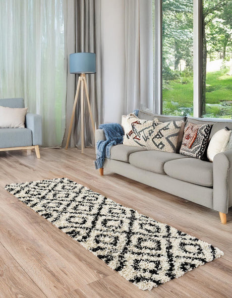 White and Black 2' x 6' Trellis Shag Runner Area Rug Thick Soft Touch Fluffy & Plush Shaggy Pile