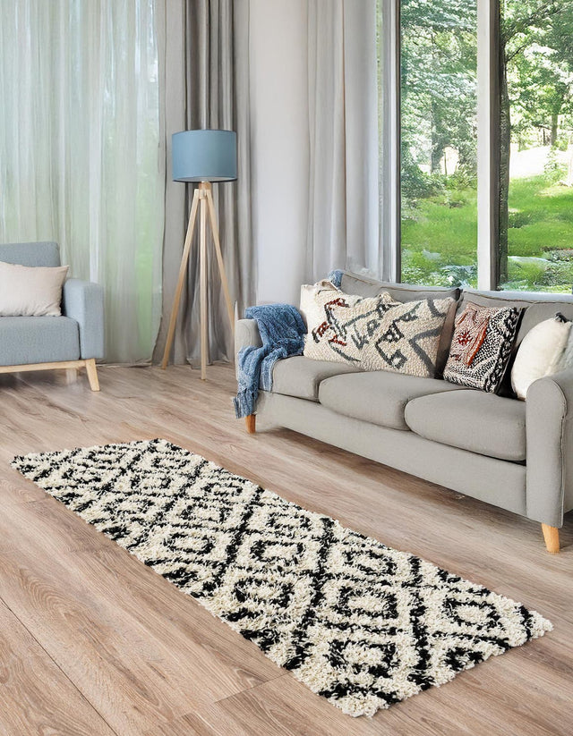 White and Black 2' x 6' Trellis Shag Runner Area Rug Thick Soft Touch Fluffy & Plush Shaggy Pile