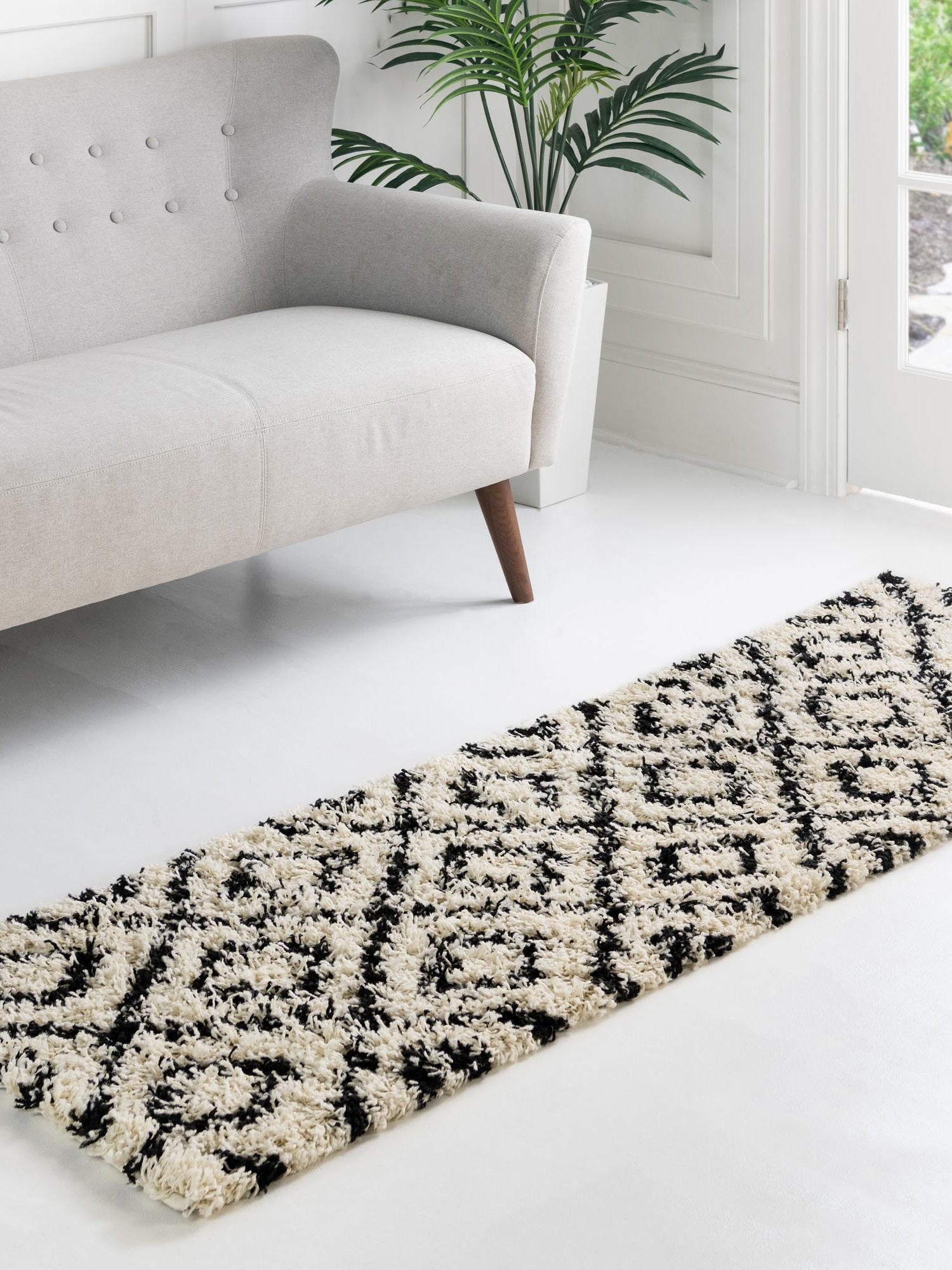 White and Black 2' 7 x 10' Trellis Shag Runner Area Rug Thick Soft Touch Fluffy & Plush Shaggy Pile Geometric Modern Unique Carpet for Home Interior Design for Sale at Rug Engine